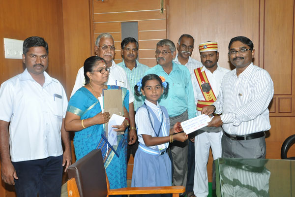 District collector of Thiruvarur distributed certificate & cash prize to our V std student V. Nivitha who won 2nd place in district level for participating in 'SLOGAN' writing competition regarding "Safety for Female Child".
