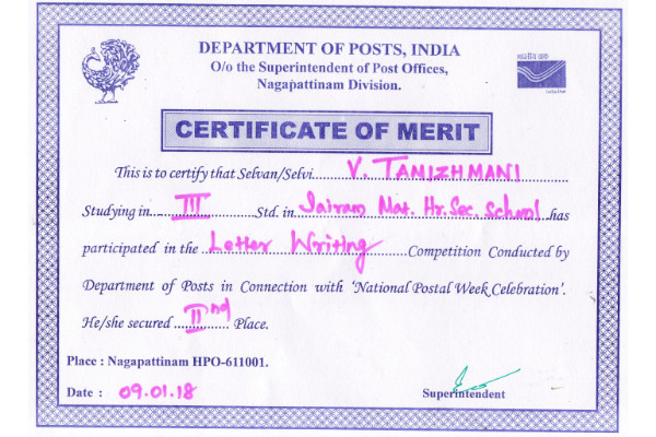 Our School Students Secured Ist & IInd places in the Letter Writing Competition