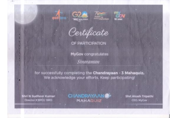 N.Sivaraman –IX C completed the Chandrayaan-3 Mahaquiz by My Gov