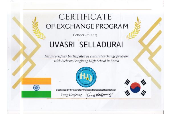 Our student S.Uvasri-XII B went to South Korea as a student Ambassador and participated in a cultural exchange program with Incheon Gonghang High school in Korea on October 4th 2023.