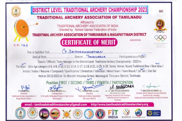 OUR SCHOOL STUDENTS WON VARIOUS PRIZES IN DISTRICT LEVEL ARCHERY CHAMPIONSHIP-DETAILS 2023 DT 03.11.2023