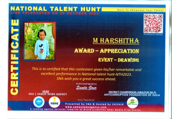 In National Talent Hunt NTH-2023, conducted by NITI Ayog our student M.Harshita II-A participated and won the award of appreciation for drawing